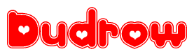 The image is a clipart featuring the word Dudrow written in a stylized font with a heart shape replacing inserted into the center of each letter. The color scheme of the text and hearts is red with a light outline.