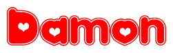 The image is a red and white graphic with the word Damon written in a decorative script. Each letter in  is contained within its own outlined bubble-like shape. Inside each letter, there is a white heart symbol.