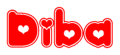 The image is a clipart featuring the word Diba written in a stylized font with a heart shape replacing inserted into the center of each letter. The color scheme of the text and hearts is red with a light outline.