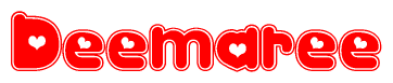   The image is a red and white graphic with the word Deemaree written in a decorative script. Each letter in  is contained within its own outlined bubble-like shape. Inside each letter, there is a white heart symbol. 