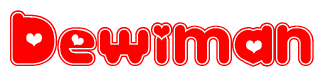 The image displays the word Dewiman written in a stylized red font with hearts inside the letters.