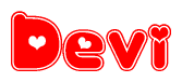 The image is a clipart featuring the word Devi written in a stylized font with a heart shape replacing inserted into the center of each letter. The color scheme of the text and hearts is red with a light outline.