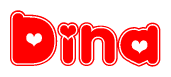 The image is a red and white graphic with the word Dina written in a decorative script. Each letter in  is contained within its own outlined bubble-like shape. Inside each letter, there is a white heart symbol.