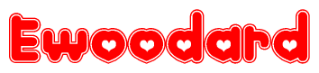 The image is a clipart featuring the word Ewoodard written in a stylized font with a heart shape replacing inserted into the center of each letter. The color scheme of the text and hearts is red with a light outline.