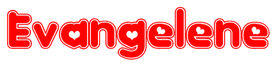 The image is a clipart featuring the word Evangelene written in a stylized font with a heart shape replacing inserted into the center of each letter. The color scheme of the text and hearts is red with a light outline.