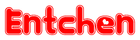 The image is a red and white graphic with the word Entchen written in a decorative script. Each letter in  is contained within its own outlined bubble-like shape. Inside each letter, there is a white heart symbol.