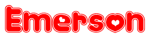 The image is a red and white graphic with the word Emerson written in a decorative script. Each letter in  is contained within its own outlined bubble-like shape. Inside each letter, there is a white heart symbol.