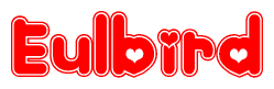 The image is a clipart featuring the word Eulbird written in a stylized font with a heart shape replacing inserted into the center of each letter. The color scheme of the text and hearts is red with a light outline.