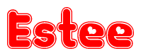 The image is a clipart featuring the word Estee written in a stylized font with a heart shape replacing inserted into the center of each letter. The color scheme of the text and hearts is red with a light outline.