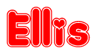 The image is a red and white graphic with the word Ellis written in a decorative script. Each letter in  is contained within its own outlined bubble-like shape. Inside each letter, there is a white heart symbol.
