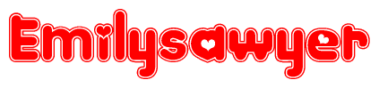 The image is a red and white graphic with the word Emilysawyer written in a decorative script. Each letter in  is contained within its own outlined bubble-like shape. Inside each letter, there is a white heart symbol.