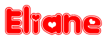The image is a red and white graphic with the word Eliane written in a decorative script. Each letter in  is contained within its own outlined bubble-like shape. Inside each letter, there is a white heart symbol.