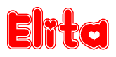 The image is a red and white graphic with the word Elita written in a decorative script. Each letter in  is contained within its own outlined bubble-like shape. Inside each letter, there is a white heart symbol.