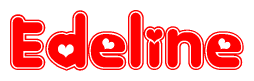 The image is a red and white graphic with the word Edeline written in a decorative script. Each letter in  is contained within its own outlined bubble-like shape. Inside each letter, there is a white heart symbol.