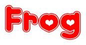The image is a red and white graphic with the word Frog written in a decorative script. Each letter in  is contained within its own outlined bubble-like shape. Inside each letter, there is a white heart symbol.