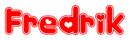 The image is a red and white graphic with the word Fredrik written in a decorative script. Each letter in  is contained within its own outlined bubble-like shape. Inside each letter, there is a white heart symbol.