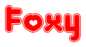 The image displays the word Foxy written in a stylized red font with hearts inside the letters.