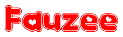 The image is a red and white graphic with the word Fauzee written in a decorative script. Each letter in  is contained within its own outlined bubble-like shape. Inside each letter, there is a white heart symbol.