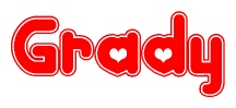 The image is a clipart featuring the word Grady written in a stylized font with a heart shape replacing inserted into the center of each letter. The color scheme of the text and hearts is red with a light outline.