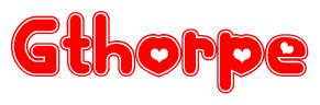 The image is a red and white graphic with the word Gthorpe written in a decorative script. Each letter in  is contained within its own outlined bubble-like shape. Inside each letter, there is a white heart symbol.