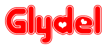 The image is a red and white graphic with the word Glydel written in a decorative script. Each letter in  is contained within its own outlined bubble-like shape. Inside each letter, there is a white heart symbol.