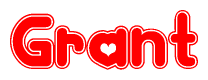 The image is a red and white graphic with the word Grant written in a decorative script. Each letter in  is contained within its own outlined bubble-like shape. Inside each letter, there is a white heart symbol.