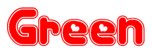 The image is a red and white graphic with the word Green written in a decorative script. Each letter in  is contained within its own outlined bubble-like shape. Inside each letter, there is a white heart symbol.