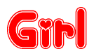 The image is a red and white graphic with the word Girl written in a decorative script. Each letter in  is contained within its own outlined bubble-like shape. Inside each letter, there is a white heart symbol.