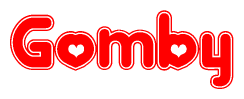 The image is a clipart featuring the word Gomby written in a stylized font with a heart shape replacing inserted into the center of each letter. The color scheme of the text and hearts is red with a light outline.