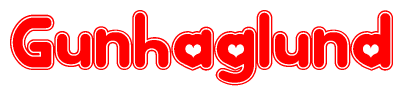 The image is a red and white graphic with the word Gunhaglund written in a decorative script. Each letter in  is contained within its own outlined bubble-like shape. Inside each letter, there is a white heart symbol.