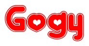 The image is a red and white graphic with the word Gogy written in a decorative script. Each letter in  is contained within its own outlined bubble-like shape. Inside each letter, there is a white heart symbol.
