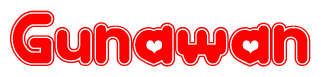 The image is a red and white graphic with the word Gunawan written in a decorative script. Each letter in  is contained within its own outlined bubble-like shape. Inside each letter, there is a white heart symbol.