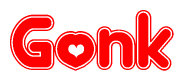 The image is a clipart featuring the word Gonk written in a stylized font with a heart shape replacing inserted into the center of each letter. The color scheme of the text and hearts is red with a light outline.