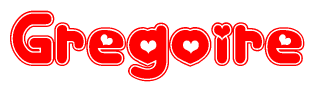 The image is a clipart featuring the word Gregoire written in a stylized font with a heart shape replacing inserted into the center of each letter. The color scheme of the text and hearts is red with a light outline.