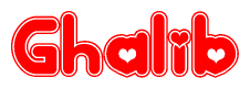 The image is a clipart featuring the word Ghalib written in a stylized font with a heart shape replacing inserted into the center of each letter. The color scheme of the text and hearts is red with a light outline.
