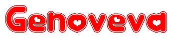The image is a red and white graphic with the word Genoveva written in a decorative script. Each letter in  is contained within its own outlined bubble-like shape. Inside each letter, there is a white heart symbol.