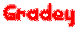 The image is a clipart featuring the word Gradey written in a stylized font with a heart shape replacing inserted into the center of each letter. The color scheme of the text and hearts is red with a light outline.