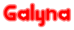 The image is a red and white graphic with the word Galyna written in a decorative script. Each letter in  is contained within its own outlined bubble-like shape. Inside each letter, there is a white heart symbol.