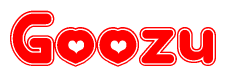 The image is a clipart featuring the word Goozu written in a stylized font with a heart shape replacing inserted into the center of each letter. The color scheme of the text and hearts is red with a light outline.