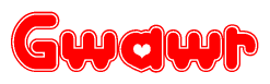   The image displays the word Gwawr written in a stylized red font with hearts inside the letters. 