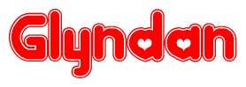 The image is a clipart featuring the word Glyndan written in a stylized font with a heart shape replacing inserted into the center of each letter. The color scheme of the text and hearts is red with a light outline.