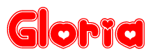 The image is a red and white graphic with the word Gloria written in a decorative script. Each letter in  is contained within its own outlined bubble-like shape. Inside each letter, there is a white heart symbol.