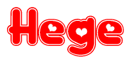The image is a clipart featuring the word Hege written in a stylized font with a heart shape replacing inserted into the center of each letter. The color scheme of the text and hearts is red with a light outline.