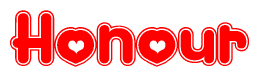 The image is a red and white graphic with the word Honour written in a decorative script. Each letter in  is contained within its own outlined bubble-like shape. Inside each letter, there is a white heart symbol.