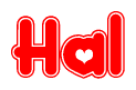 The image is a red and white graphic with the word Hal written in a decorative script. Each letter in  is contained within its own outlined bubble-like shape. Inside each letter, there is a white heart symbol.