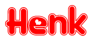 The image is a red and white graphic with the word Henk written in a decorative script. Each letter in  is contained within its own outlined bubble-like shape. Inside each letter, there is a white heart symbol.