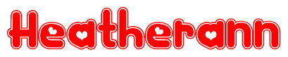 The image is a red and white graphic with the word Heatherann written in a decorative script. Each letter in  is contained within its own outlined bubble-like shape. Inside each letter, there is a white heart symbol.