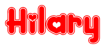 The image is a red and white graphic with the word Hilary written in a decorative script. Each letter in  is contained within its own outlined bubble-like shape. Inside each letter, there is a white heart symbol.