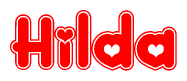The image is a red and white graphic with the word Hilda written in a decorative script. Each letter in  is contained within its own outlined bubble-like shape. Inside each letter, there is a white heart symbol.