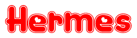 The image is a clipart featuring the word Hermes written in a stylized font with a heart shape replacing inserted into the center of each letter. The color scheme of the text and hearts is red with a light outline.